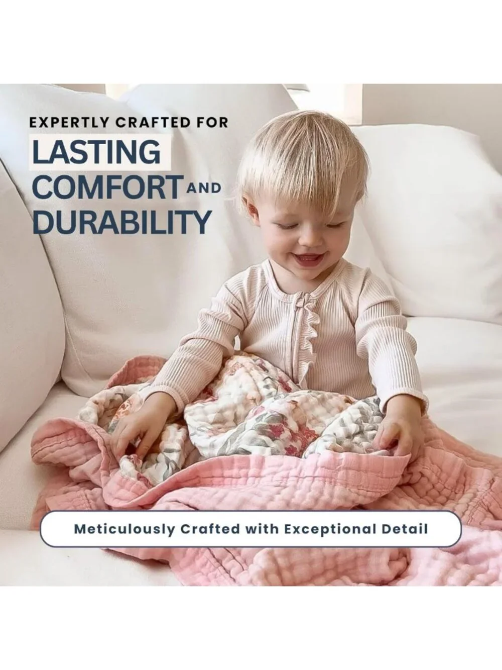 Soft Reversible Muslin Baby Blanket 48x48 - 100% Cotton, Lightweight Quilt for